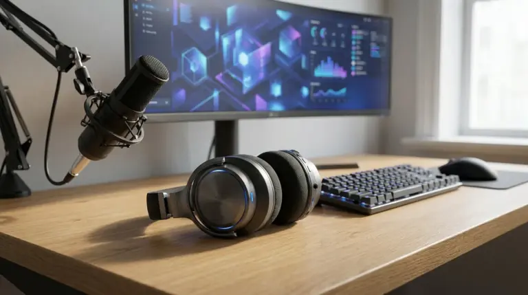 Casque audio et microphone installés sur un poste informatique pour le gaming et la création de contenu