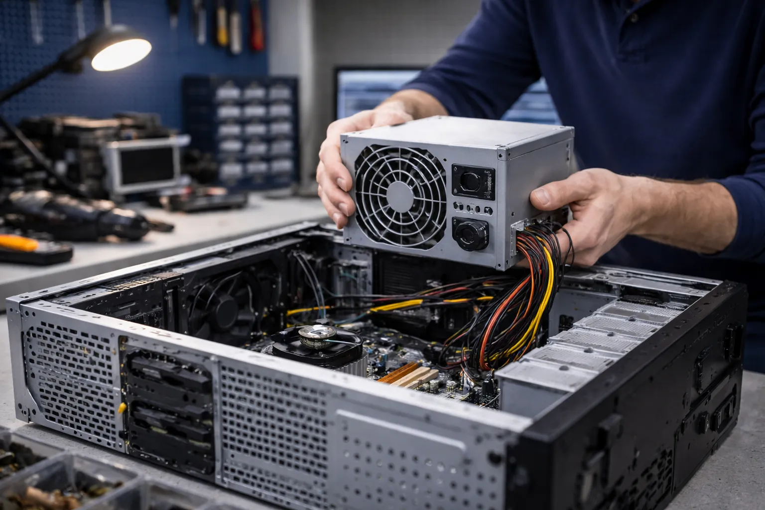 Changement d’alimentation d’un PC fixe lors d’un dépannage informatique à l’atelier