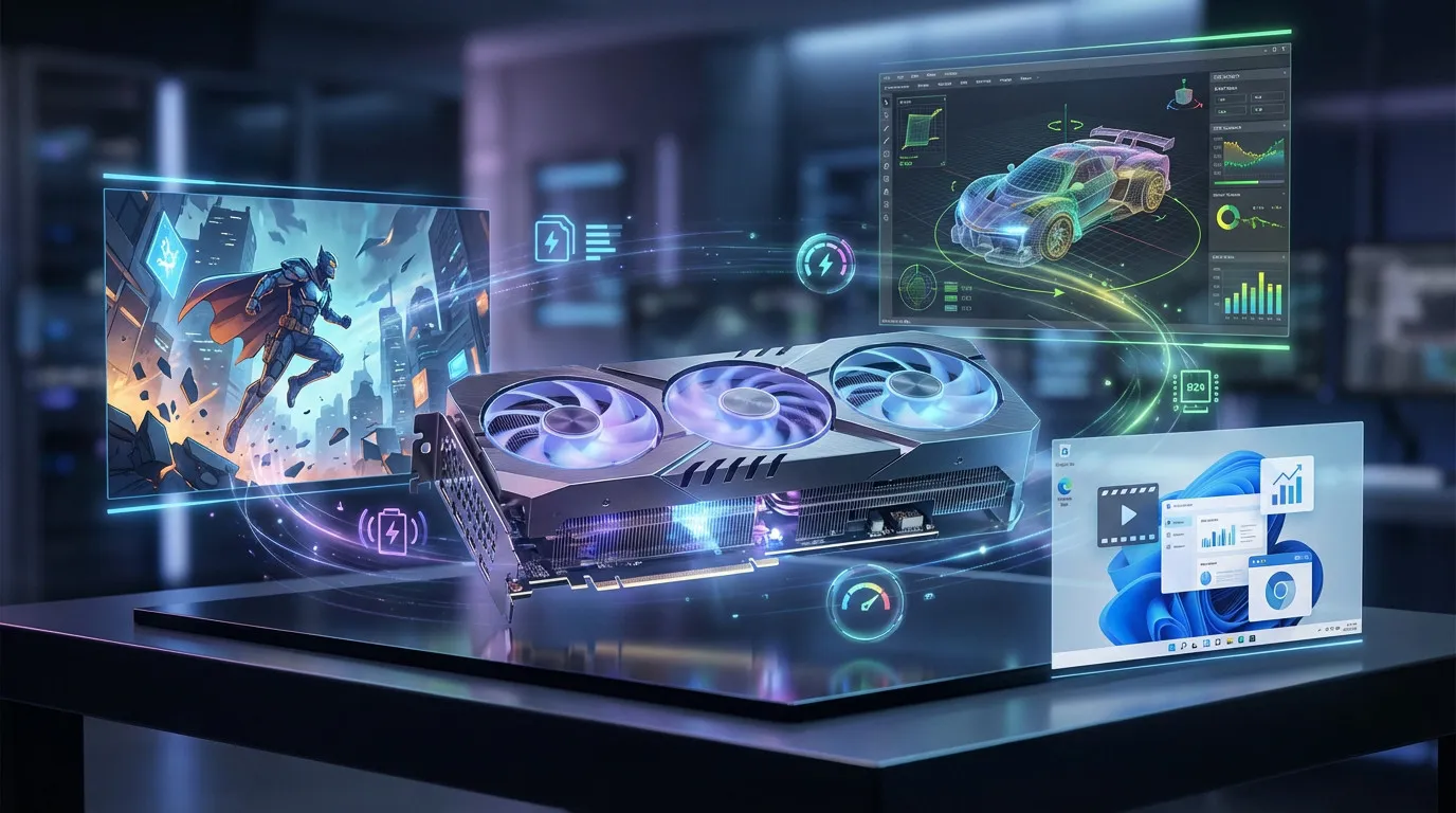 Carte graphique moderne utilisée pour le gaming, la création graphique et la performance sur PC