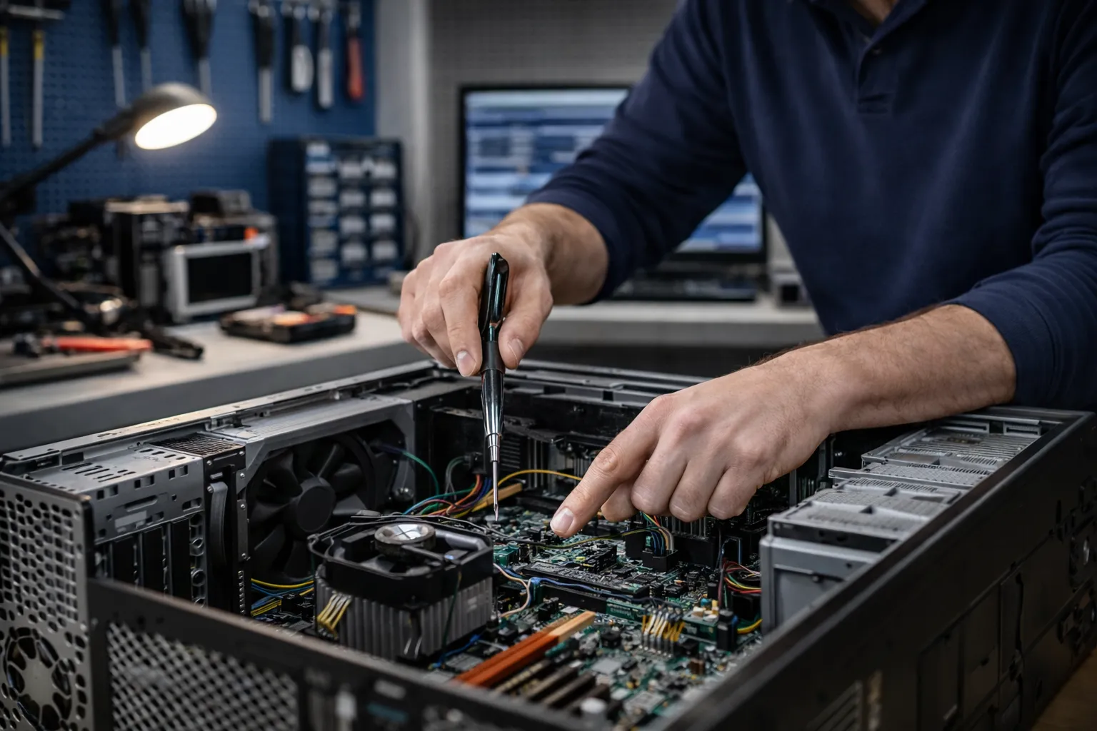 Dépannage informatique à l’atelier avec diagnostic d’une tour PC professionnelle noire