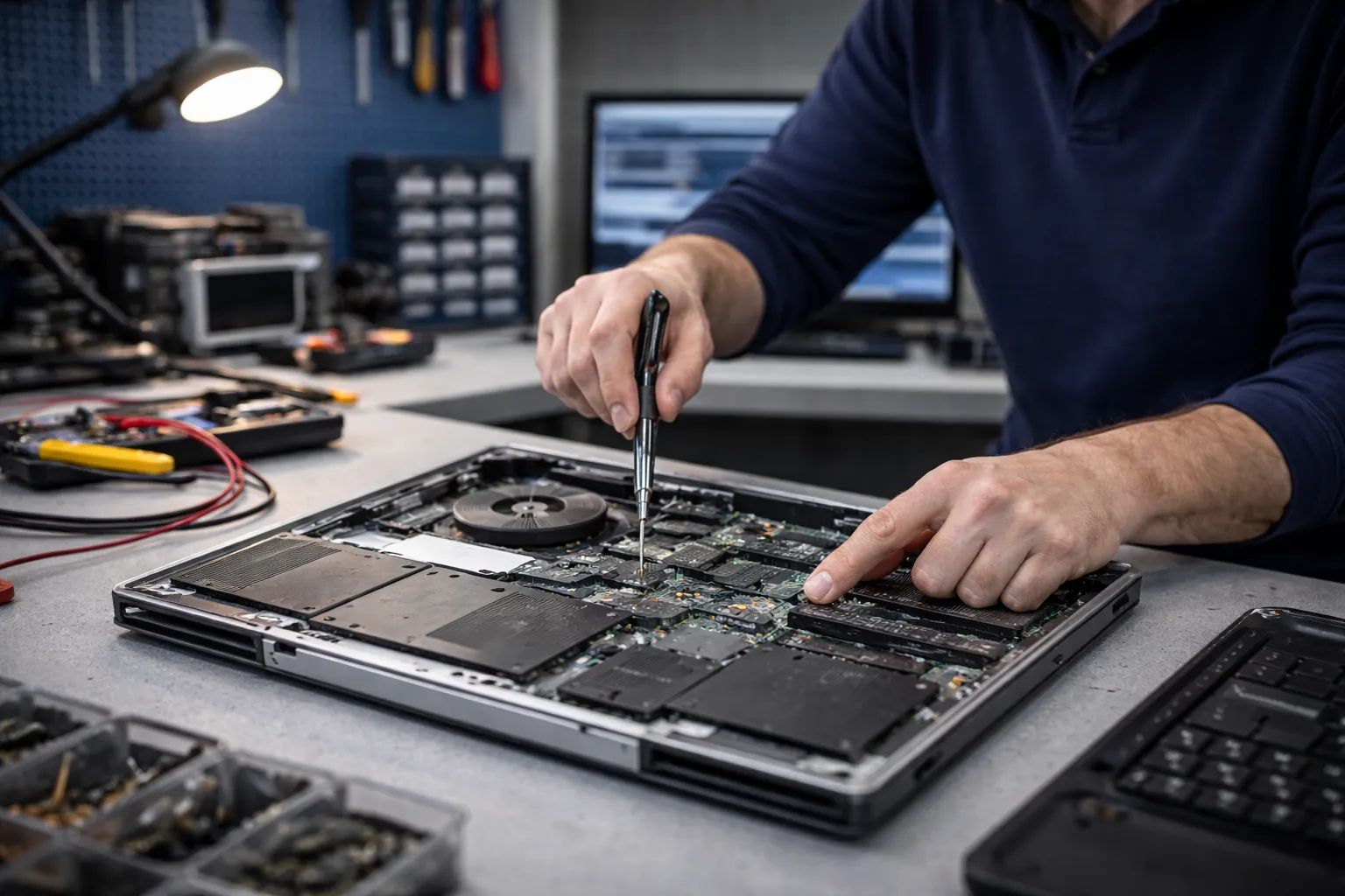 Dépannage informatique à l’atelier avec réparation d’un ordinateur portable ouvert