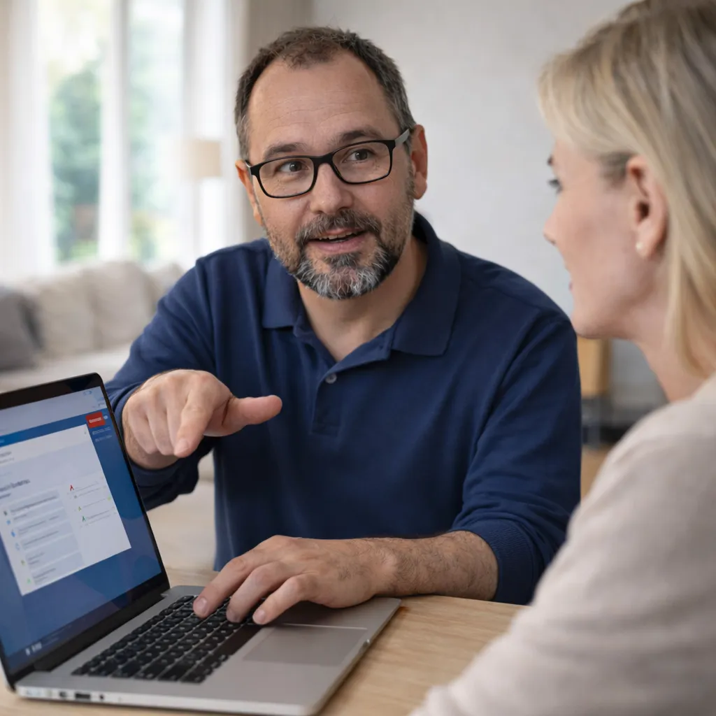 Diagnostic informatique clair avec explications simples données au client à domicile