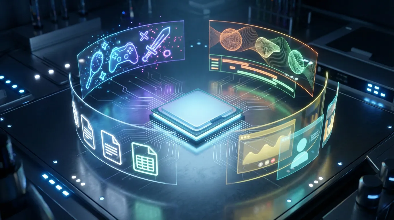 Illustration d’un processeur CPU montrant ses performances pour le gaming, la bureautique et les usages numériques