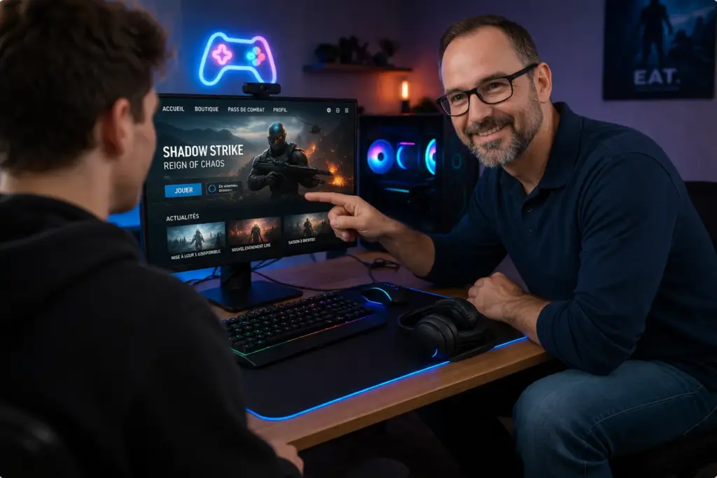 Homme montrant un jeu vidéo.