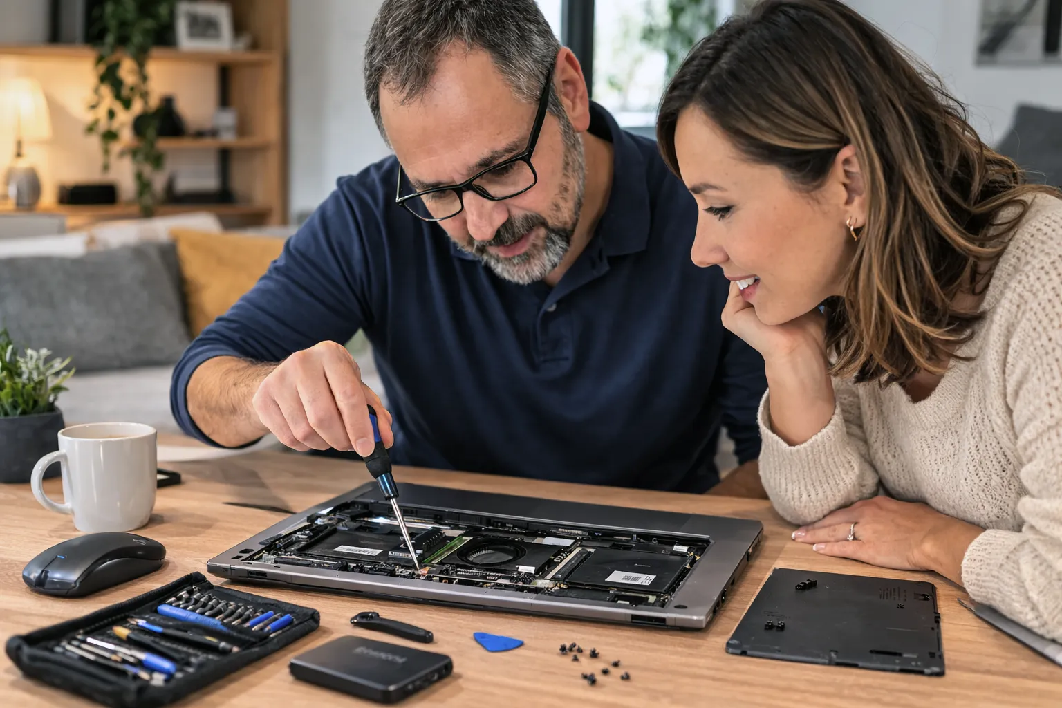 Deux hommes discutent devant un ordinateur.