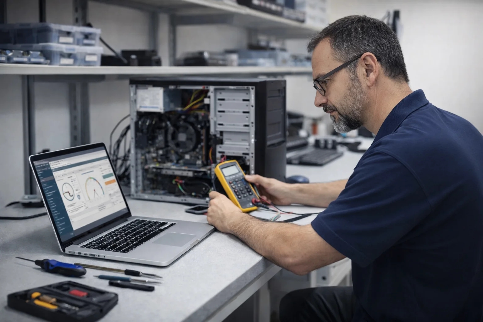 Technicien réparant un ordinateur en atelier.