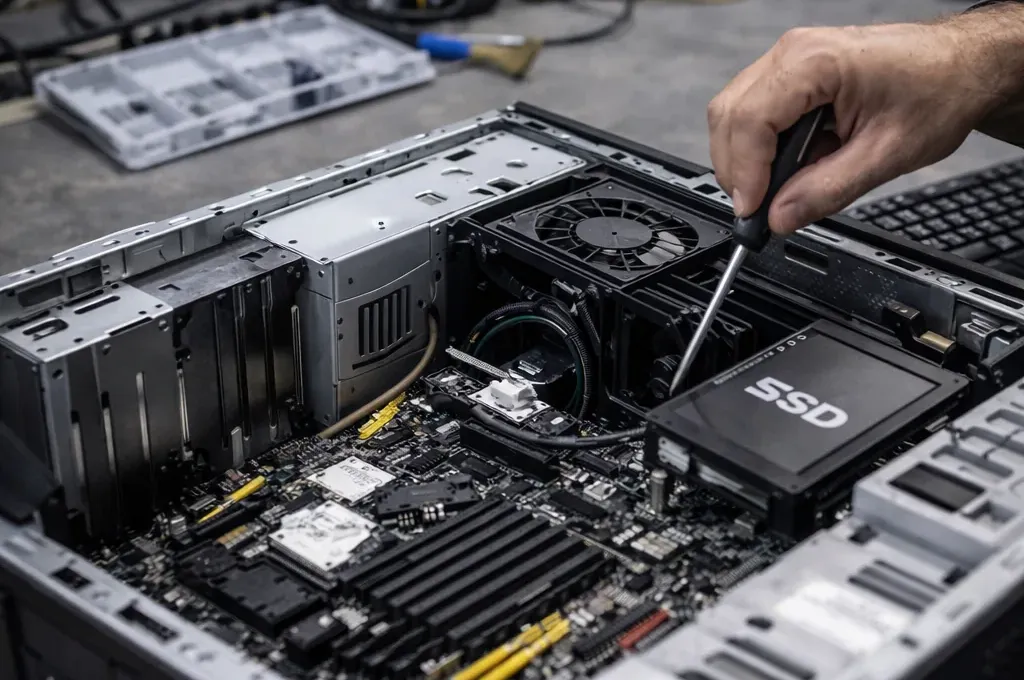 Installation d'un SSD dans un ordinateur.