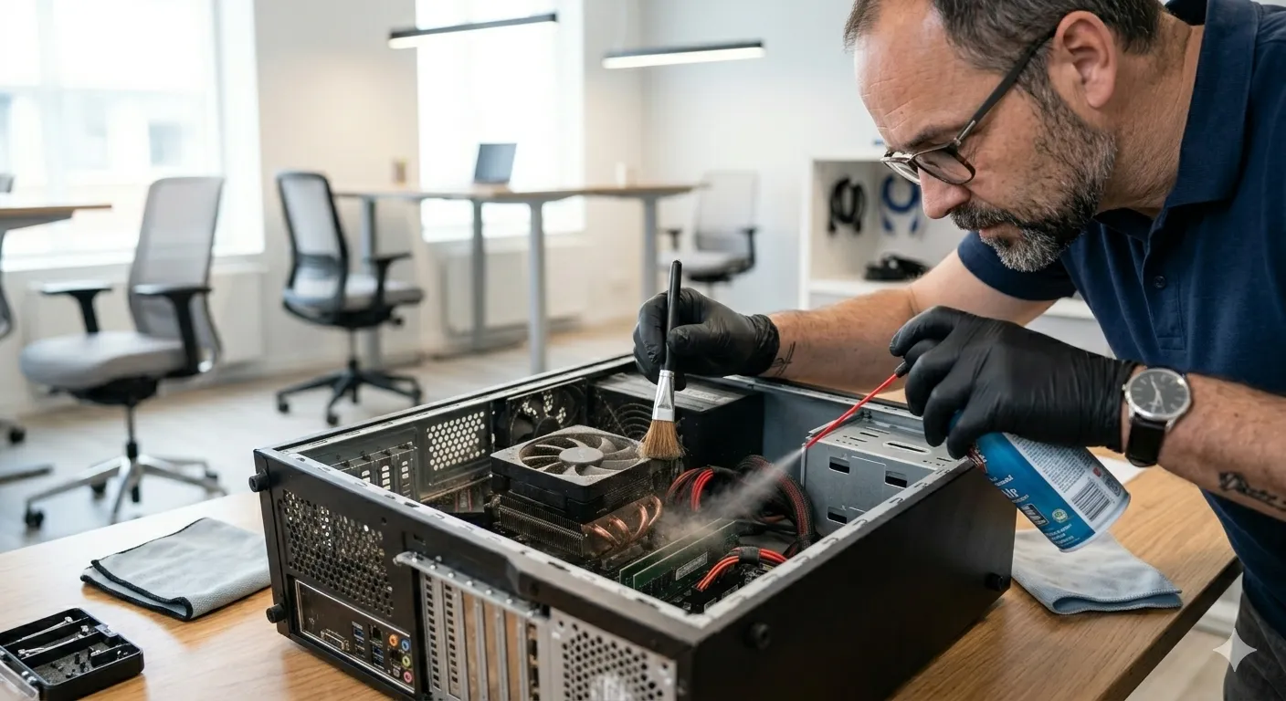 Homme nettoyant un ordinateur de bureau