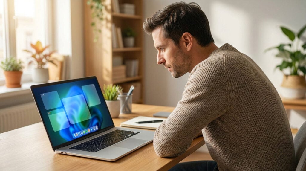 Un homme concentré travaillant sur un ordinateur portable affichant une interface Windows 11 moderne.