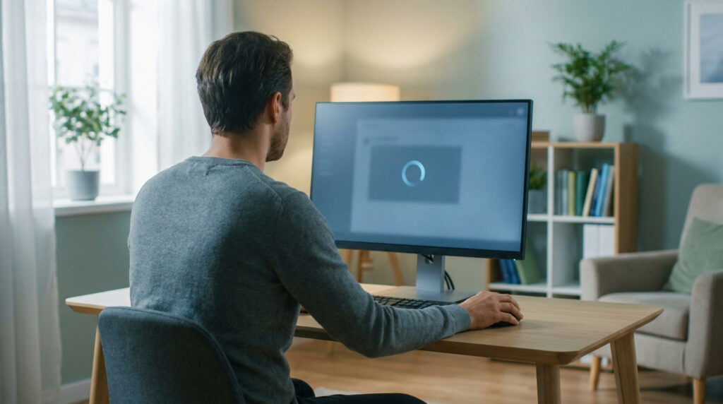 Homme devant un ordinateur lent affichant une icône de chargement