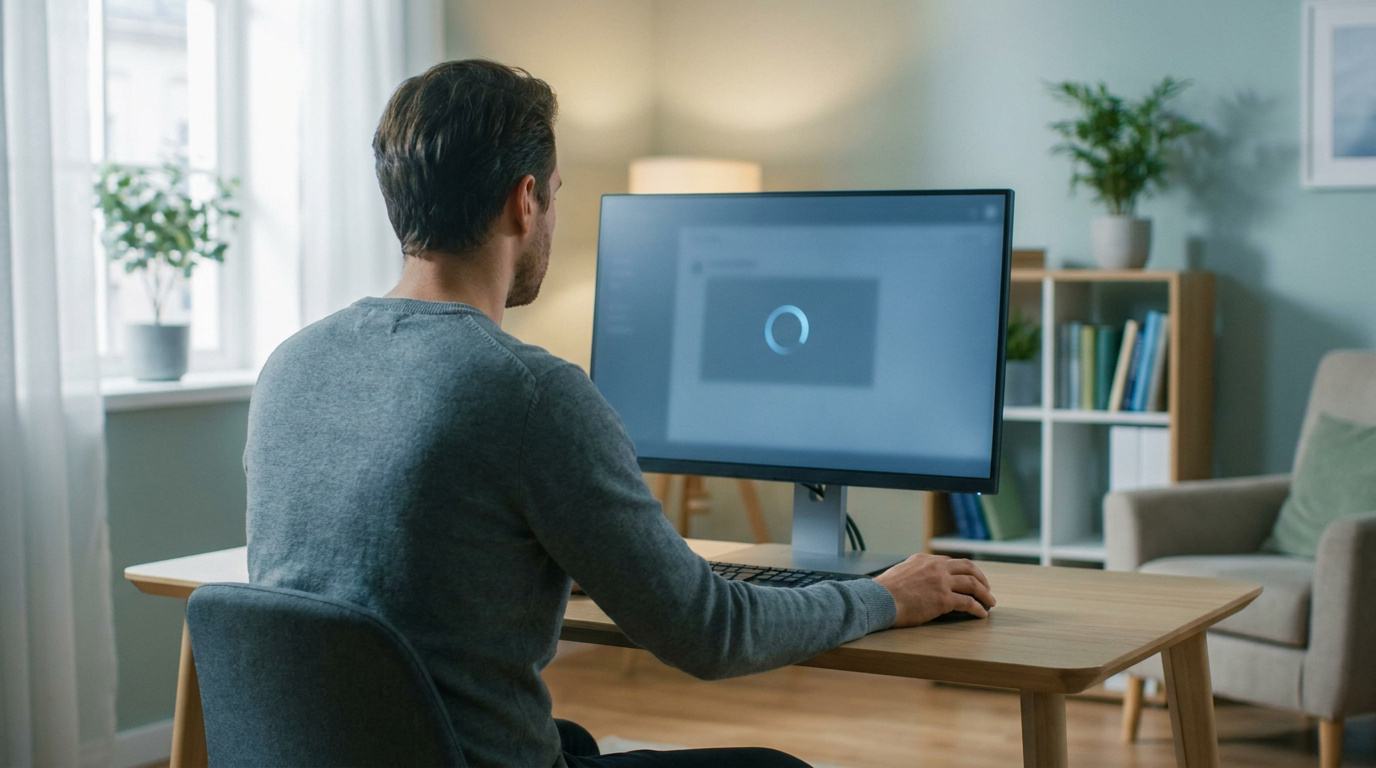 Homme devant un ordinateur lent affichant une icône de chargement