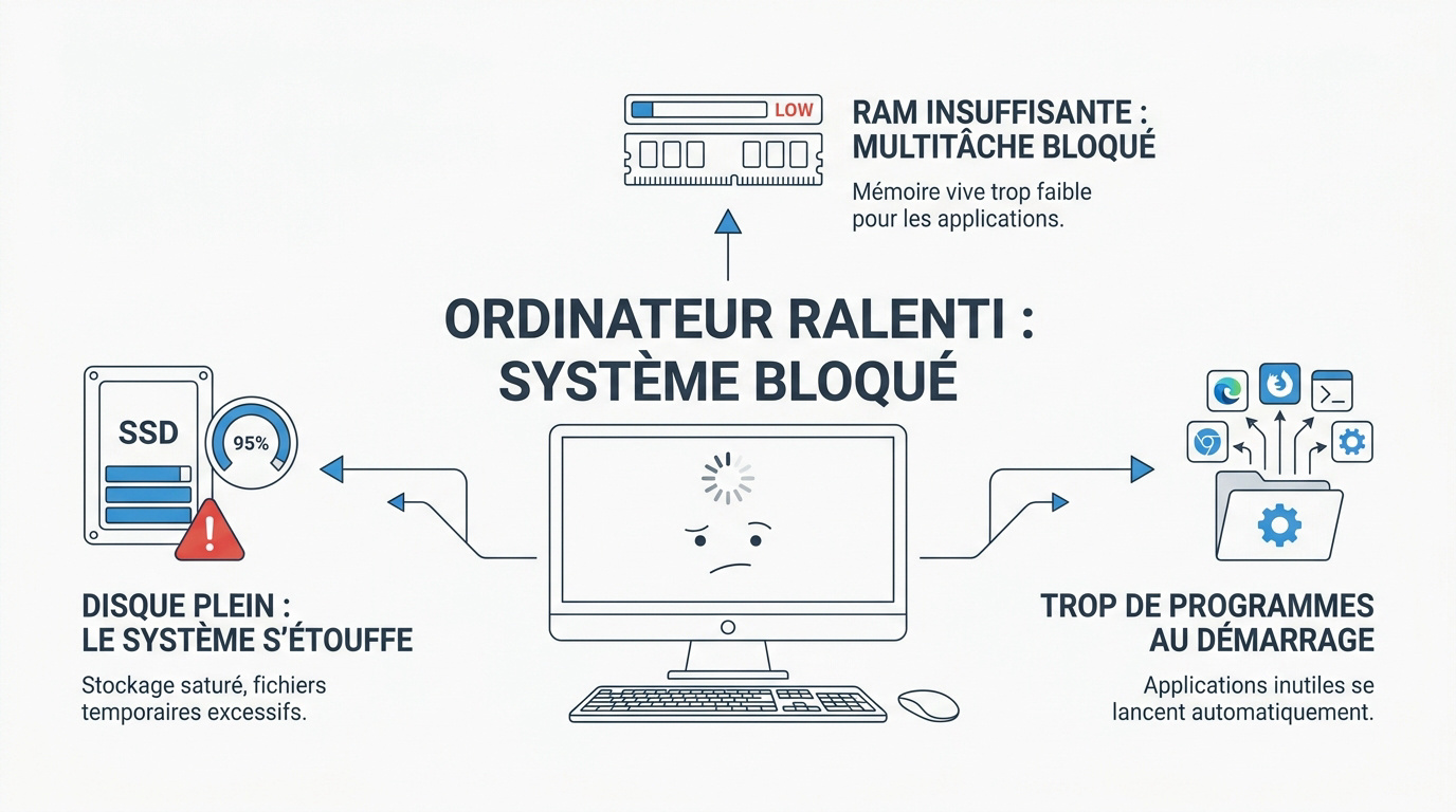 Schéma des causes d’un PC lent : disque plein, mémoire vive insuffisante et trop de programmes au démarrage