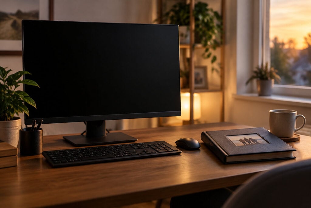 PC écran noir posé sur un bureau, à côté d’un album de photos de famille