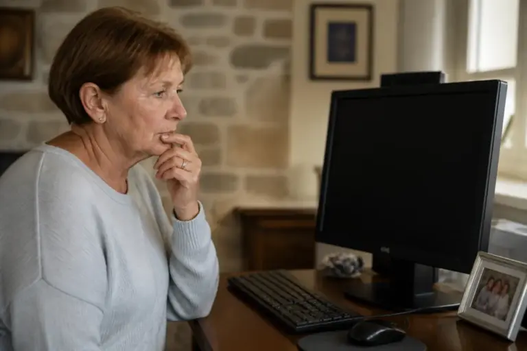 Femme inquiète devant l’écran noir de son ordinateur qui ne démarre plus
