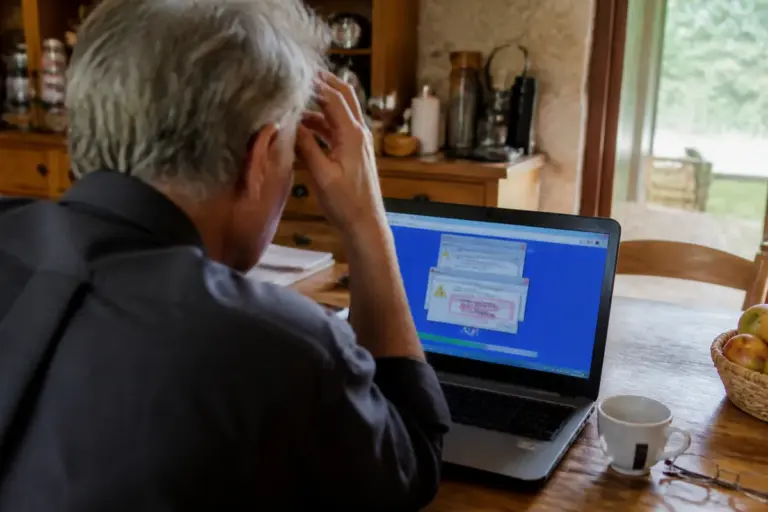 Homme inquiet devant une fausse alerte de faux support technique sur son ordinateur portable