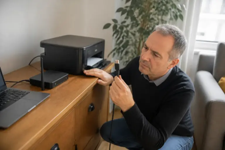 Homme branchant le câble d’une imprimante récalcitrante, à côté de la box Wi-Fi