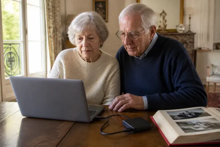 Couple de seniors sauvegardant leurs photos de famille sur un disque dur externe